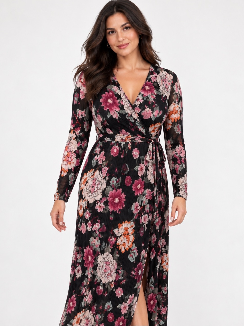 Sportsgirl Australia Plisse Floral Long-Sleeve Wrap Midi Dress